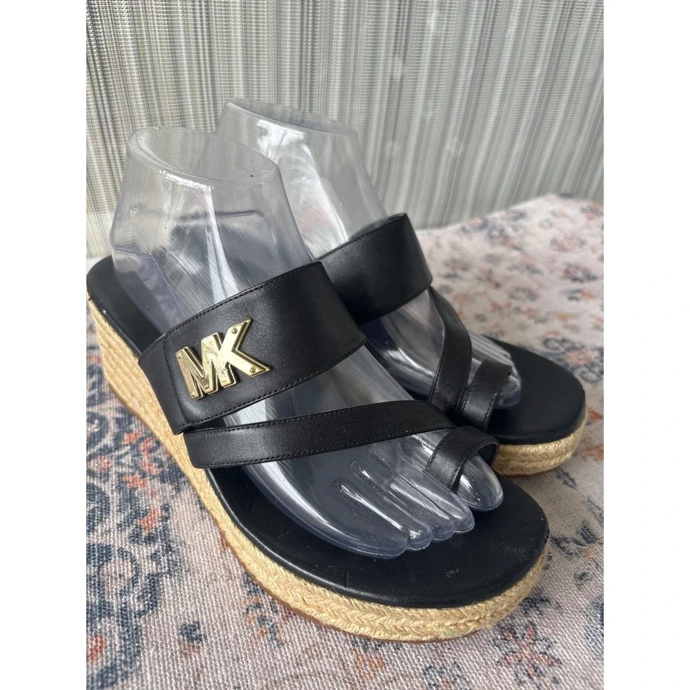 Michael Kors Black Leather Espadrille Wedge Sandals Toe Loop Platform Slides